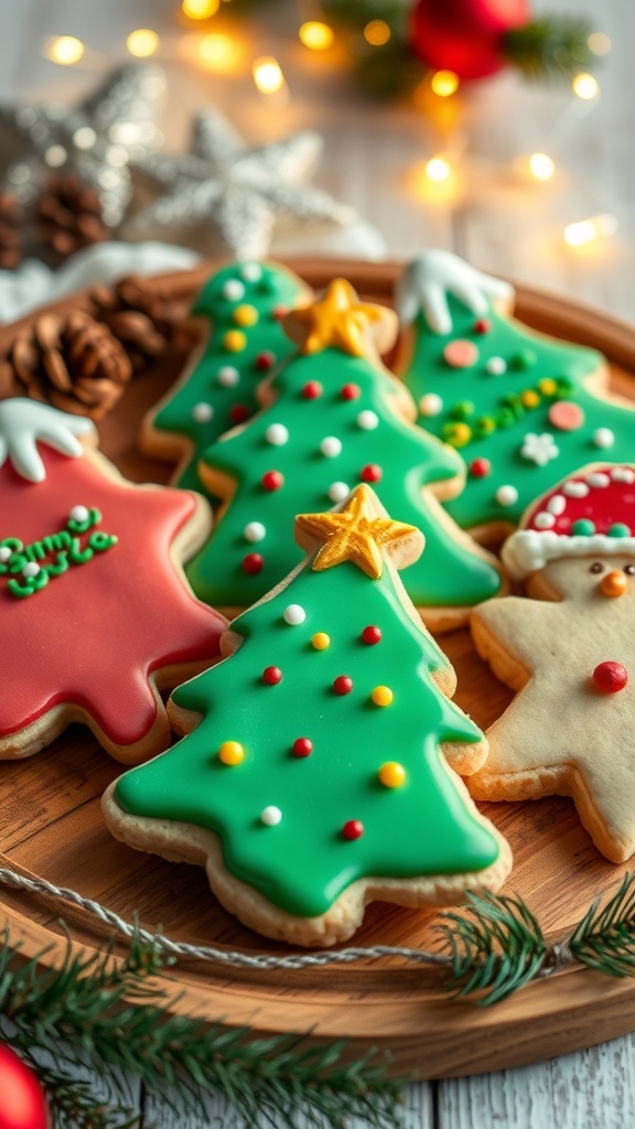 Christmas Cookie Doodles Recipe A platter of decorated Christmas cookies with icing and sprinkles, surrounded by holiday decorations.